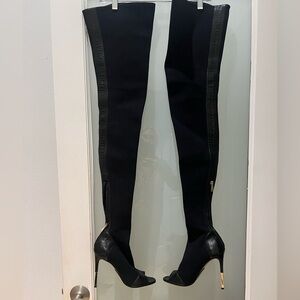 Iconic Balmain Runway Open Toe Black Stretch Boots Lthr Heel/Toe Gold Heels 38